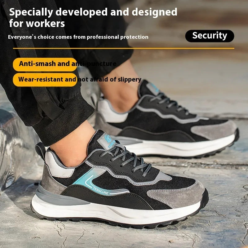 Men's low-top work shoes with plastic steel toe cap in suede and mesh construction, Four Seasons colour