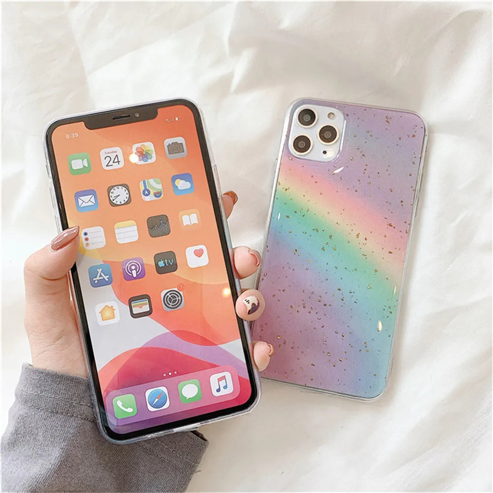 Rainbow gradient striped TPU phone case for iPhone models with Japanese-inspired design