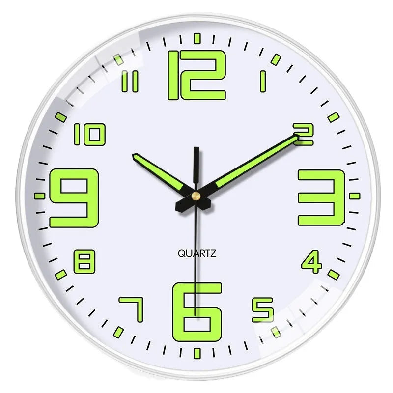 Modern 8 inch luminous wall clock with 20cm diameter on a wall.