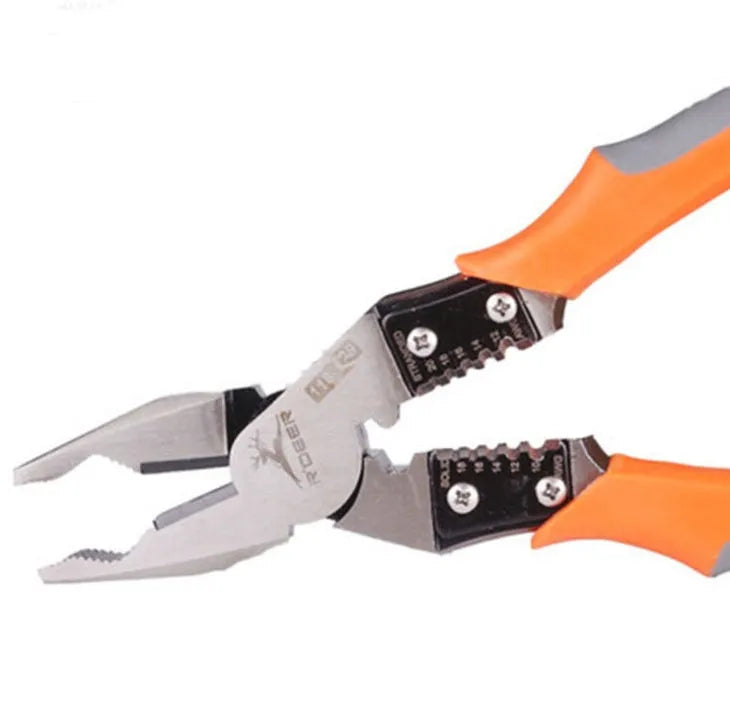 Orange 9-inch multi-function wire cutter pliers with chrome steel head and textured plastic handles