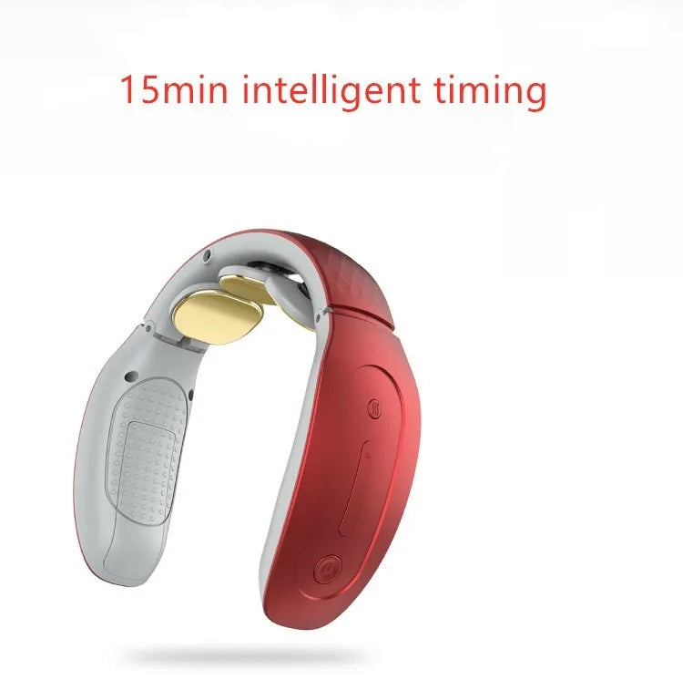 Red and white intelligent handheld cervical massager with control panel on a grey background.