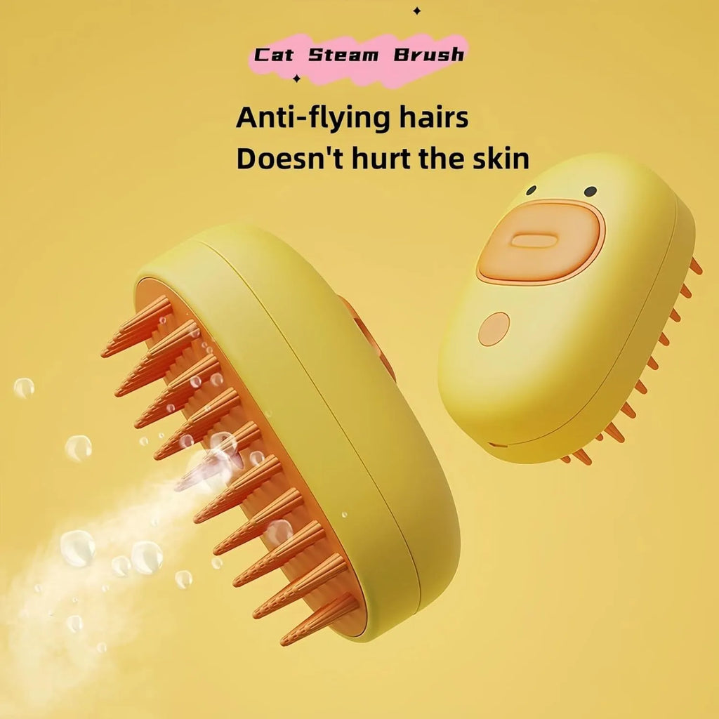 White and yellow pet steam brush with silicone bristles and water tank for dog and cat grooming