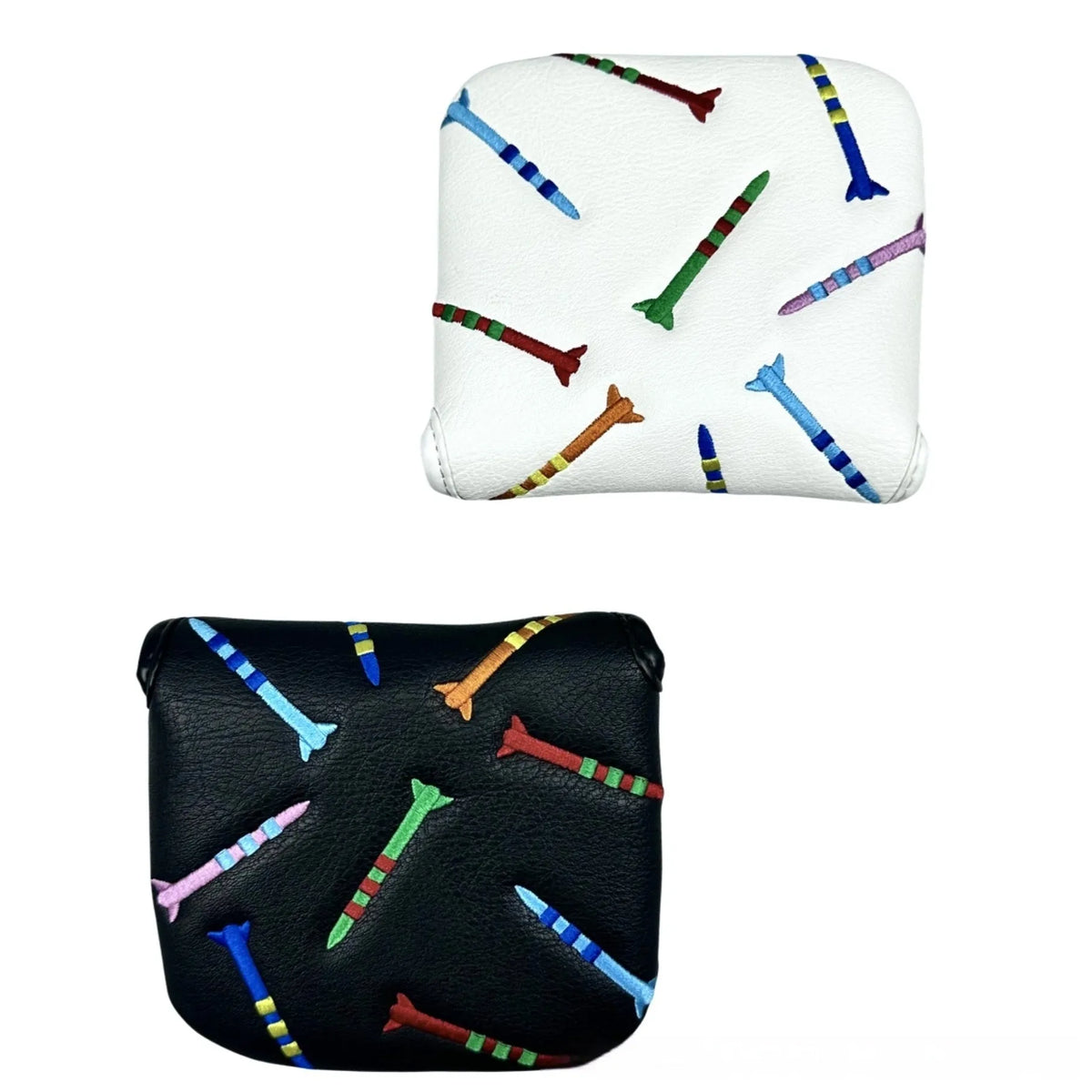 Black golf putter protective sleeve with rocket pattern square design on putting green