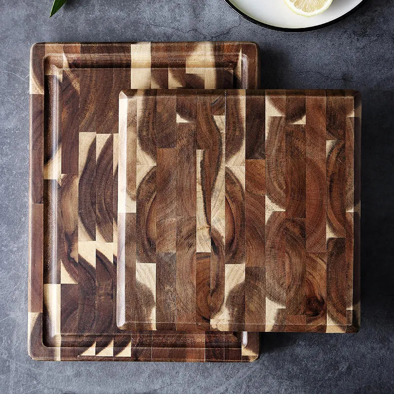 Brown solid wood chopping board with parquet pattern and 3cm thick edge