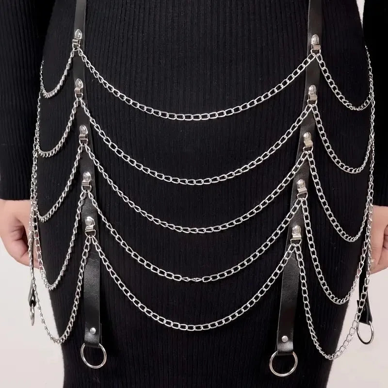 Black PU leather bandage style waist chain with silver metal links for adult female fashion.