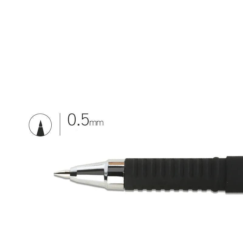 Set of eight black gel pens with anti-fatigue barrels and quick-drying ink.