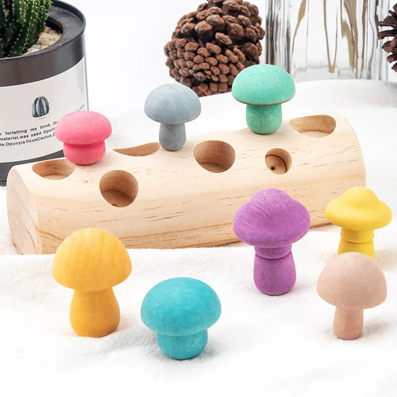 Wooden mushroom picking game puzzle toy in wood colour for toddlers over 12 months, box size 26 x 13 x 6 cm