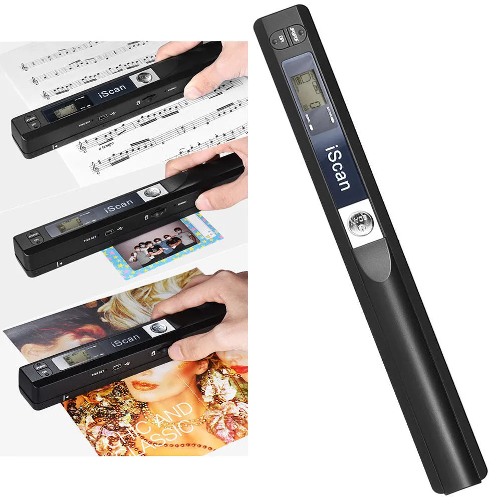 A handheld USB scanner device shown in black, blue, green, red, and silver colour options.