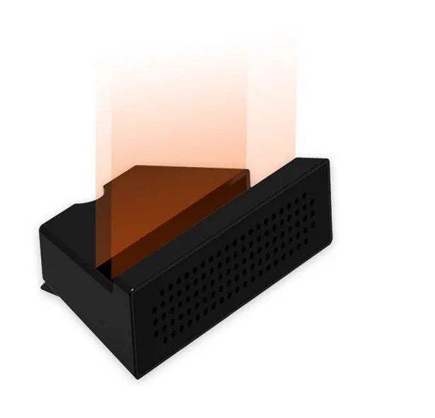 Mini black ABS mobile phone amplifier bracket holding an iPhone on a desktop.