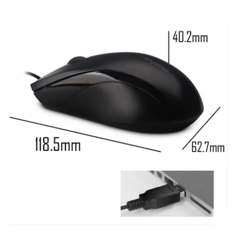 Black wired USB optical mouse with 1000dpi sensor, three buttons, and 1.5m cable for desktop or notebook use