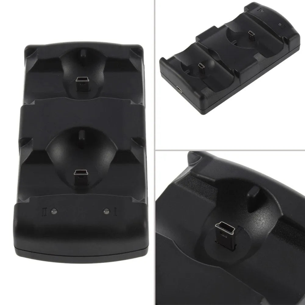 Black PS3 dual controller charging dock with two PS3 wireless controllers inserted