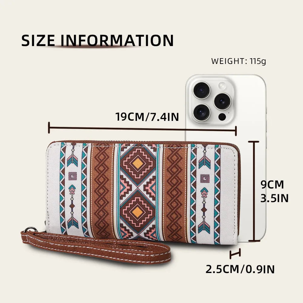 Bohemian canvas RFID wallet with wind belt closure in striped pattern