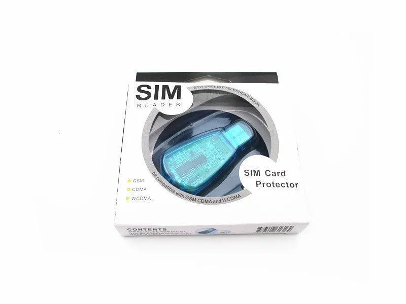 Blue mobile phone SIM card reader with USB connector for data backup.