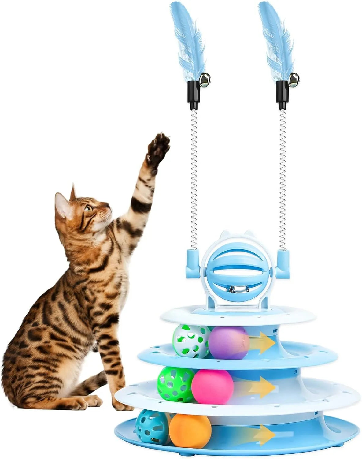 Blue 4-tier cat puzzle toy with balls and teasing rods on non-slip base