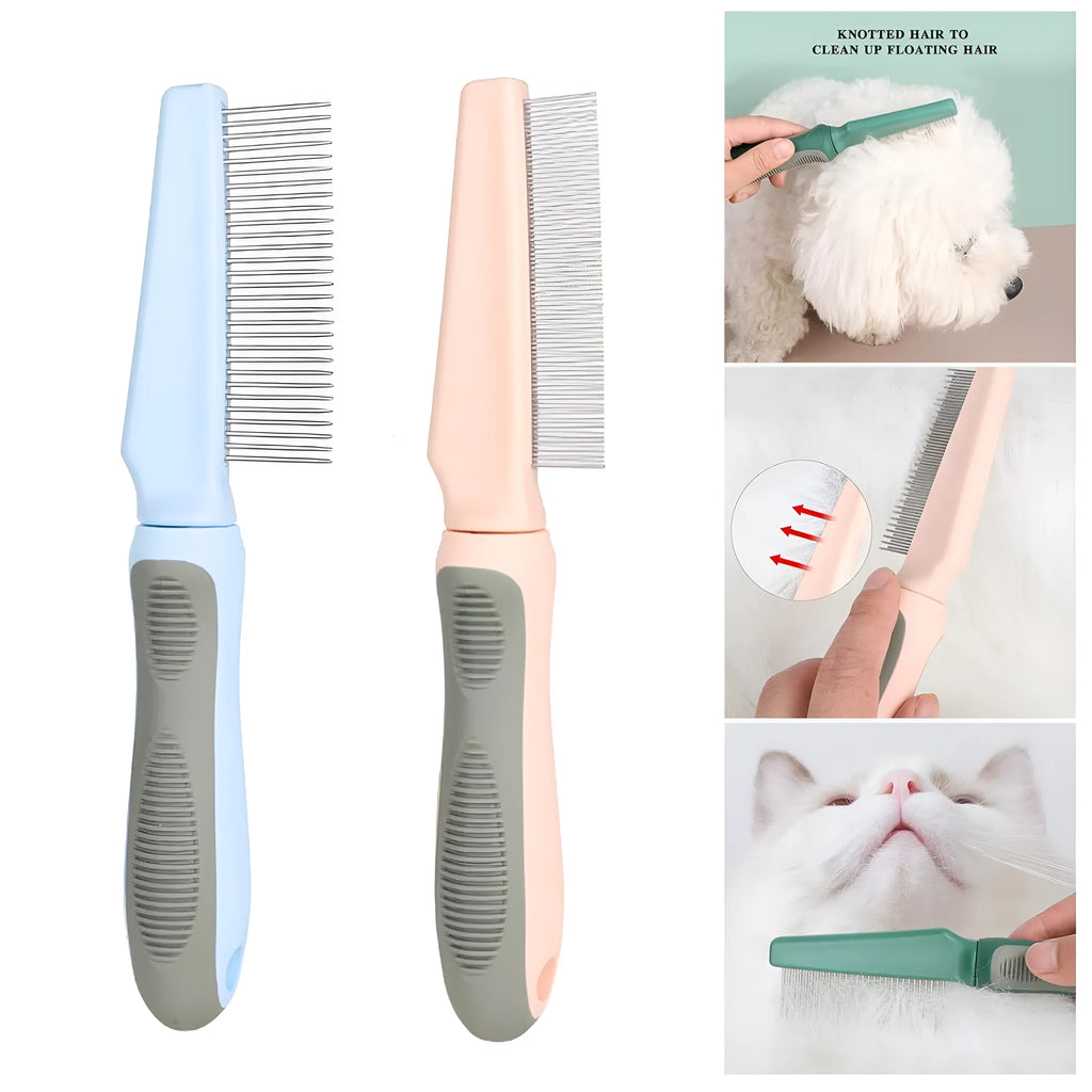 Blue pet detangler comb with three tooth configurations and rubber handle