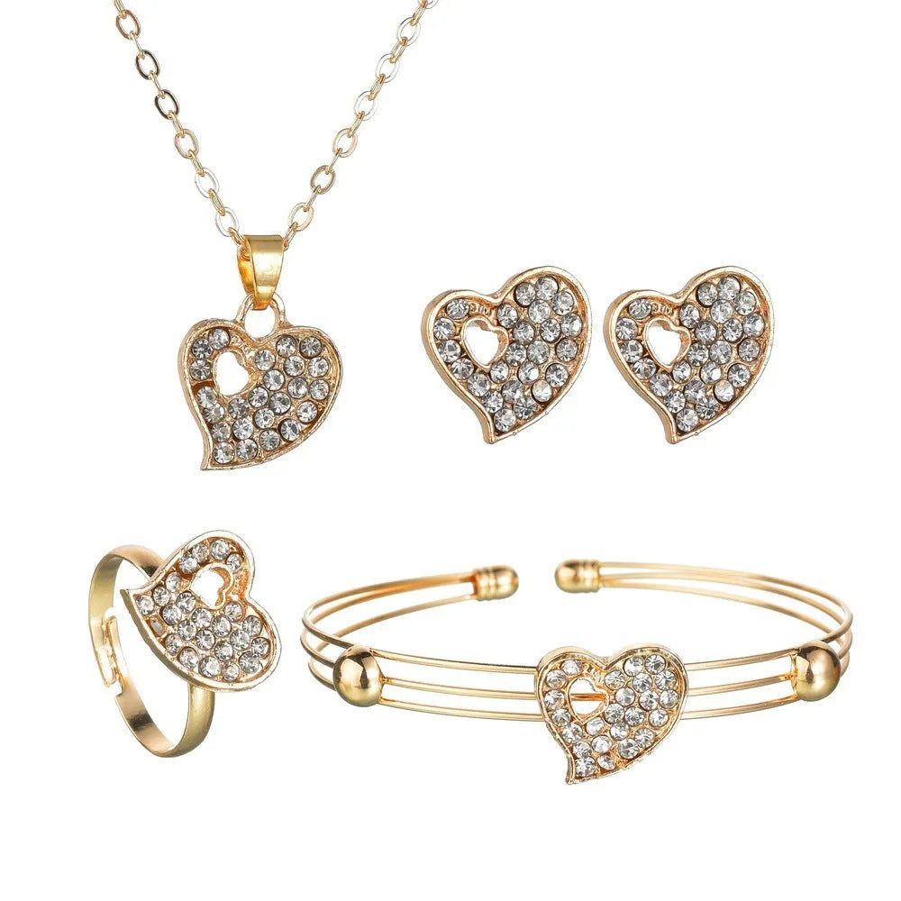 Gold electroplated alloy jewellery set with European styling featuring love, water drop and bell patterns