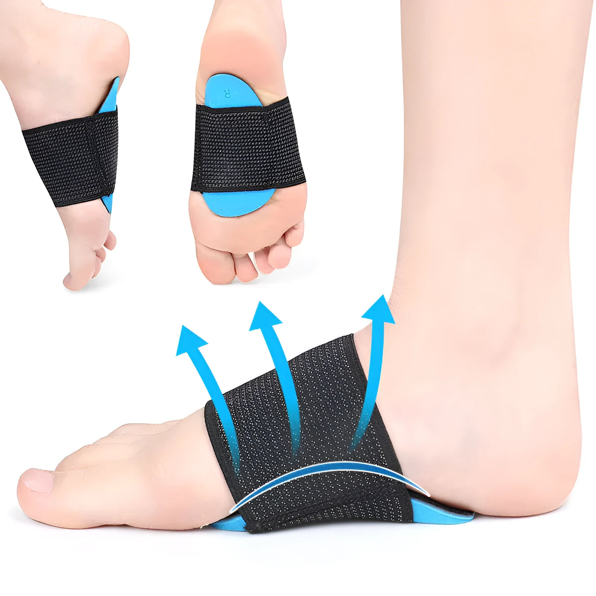 Blue elastic bandage arch support foot pads for adults and children on a white background