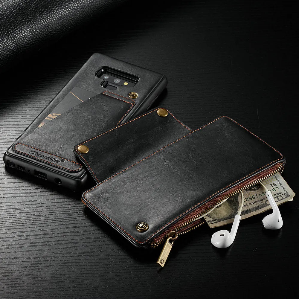 Black PU leather flip phone case for SAMSUNG Note9 showing front and back views.