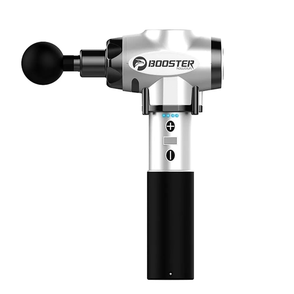 Black and white cordless handheld muscle massage gun with 24V battery and variable speed control