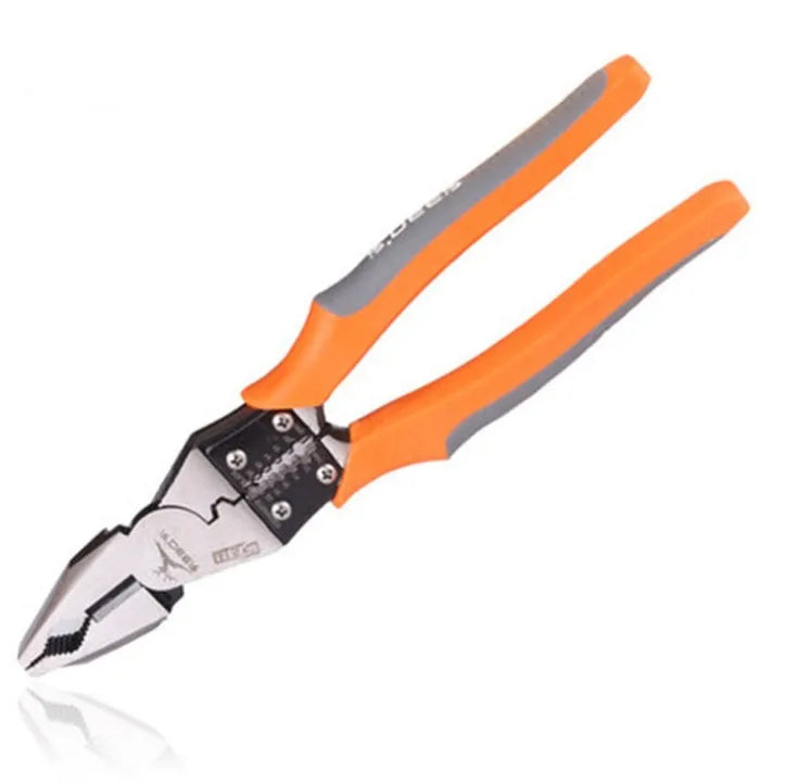 Orange 9-inch multi-function wire cutter pliers with chrome steel head and textured plastic handles