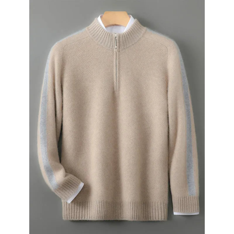 Men's slim fit half-zip wool sweater in standard wool thickness with round neck