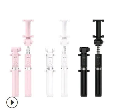 Black Bluetooth selfie stick with extended phone clamp and folded tripod legs