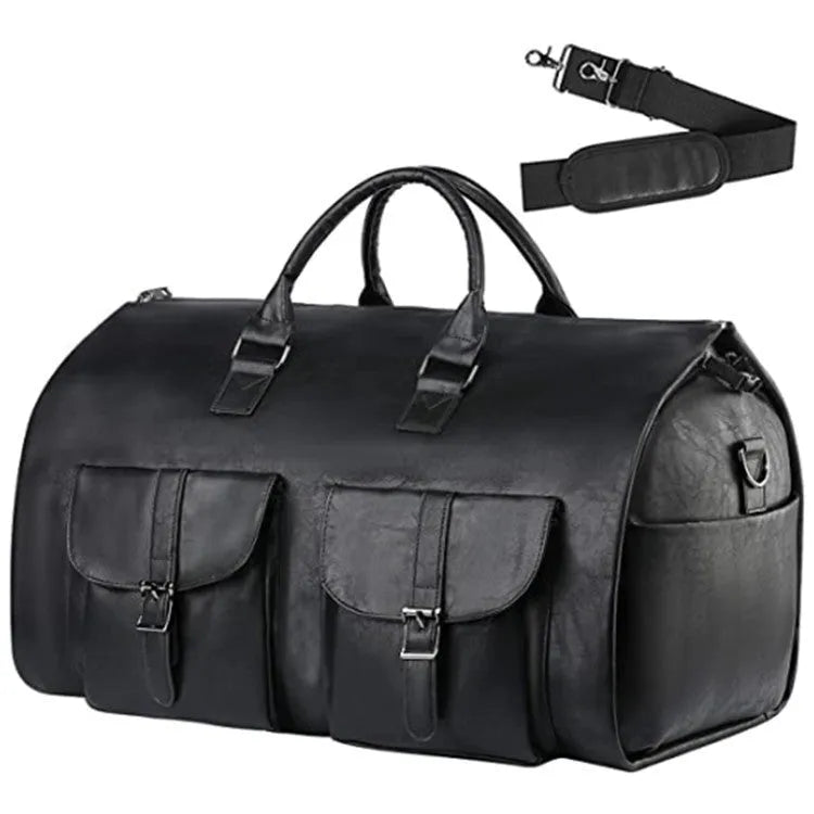 Convertible travel bag in black or brown PU leather with waterproof finish, 36-55L capacity, retro solid colour design.