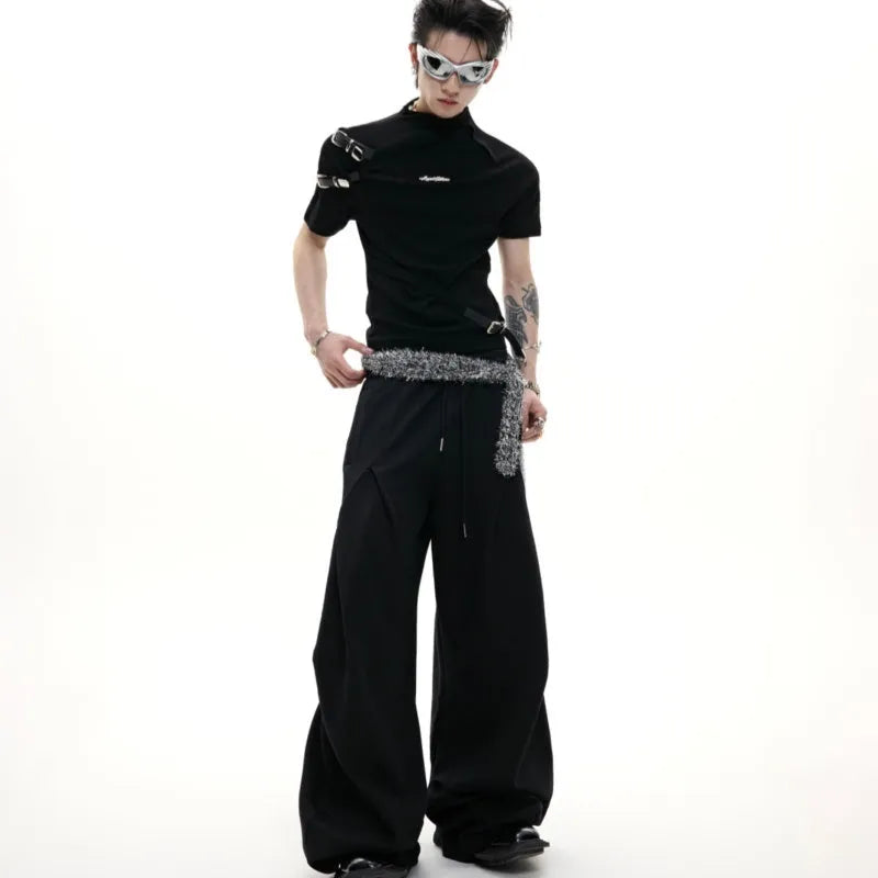 Men's slim fit black short sleeve T-shirt with a small stand-up collar and metal belt design detail.
