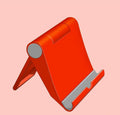 Black folding mobile phone stand holding a smartphone at an angle on a wooden table
