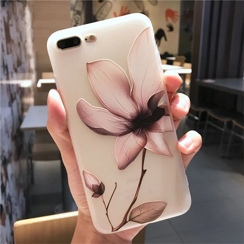 Embossed floral pattern TPU iPhone case in black and white colour options showing textured design