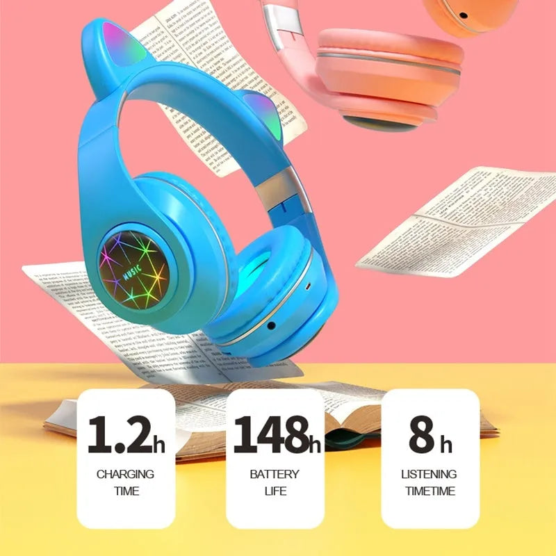 Cat ear wireless Bluetooth sports headset shown in multiple colours including pink, blue, and yellow on a white background.