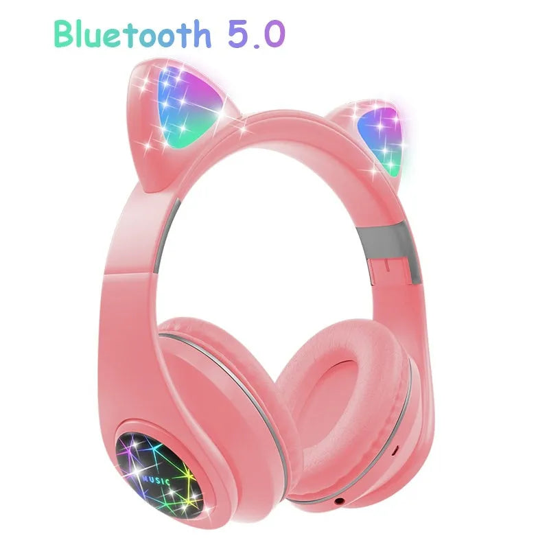 Cat ear wireless Bluetooth sports headset shown in multiple colours including pink, blue, and yellow on a white background.