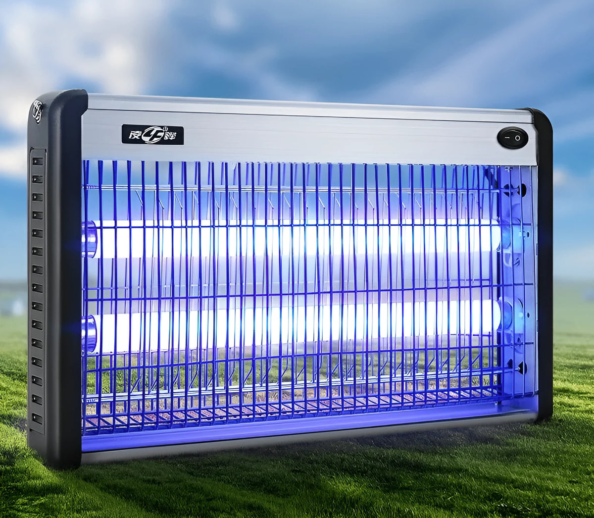 Indoor electric mosquito killing lamp with UV light tube and metal grid for flies.