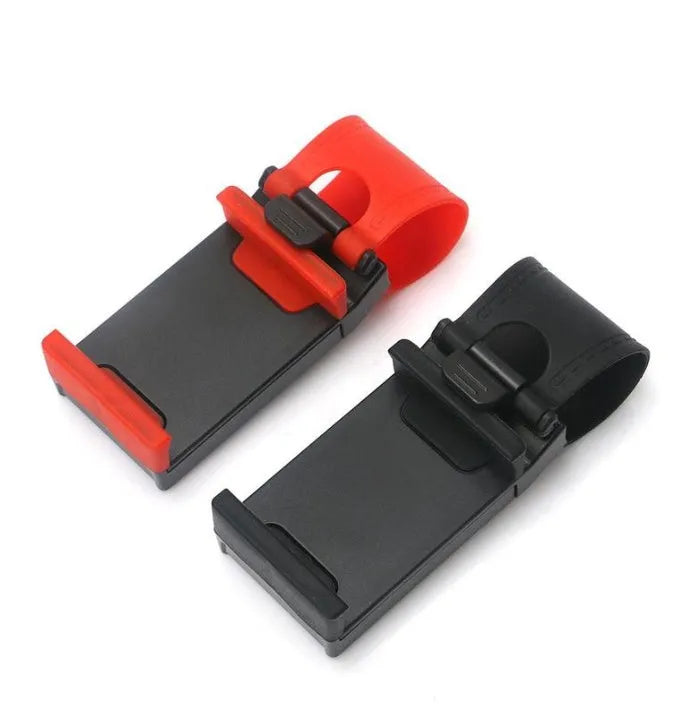 Black steering wheel phone mount with elastic clip and silicone padding for smartphones
