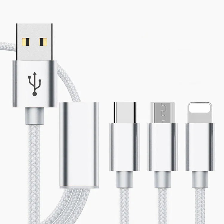 Three-in-one mobile phone charging cable in six colour options showing 1.2 metre length and micro USB connector