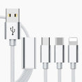 Three-in-one mobile phone charging cable in six colour options showing 1.2 metre length and micro USB connector