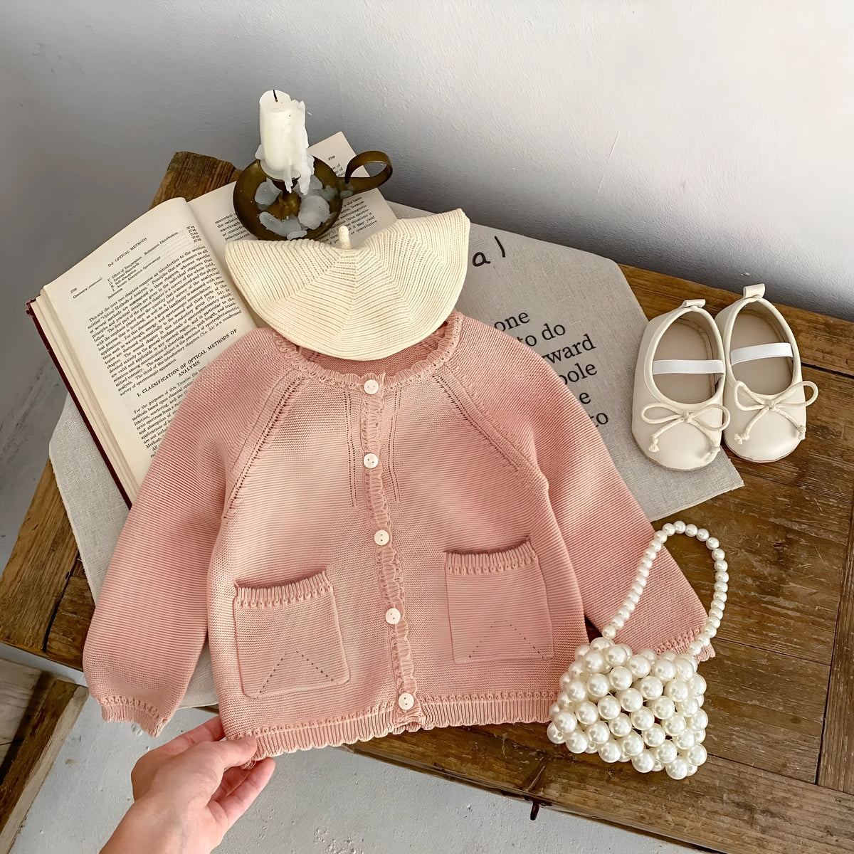 Baby girl cotton cardigan in lotus root pink, single-breasted long sleeve knitted coat for 0-3 years, sizes 66cm-100cm.