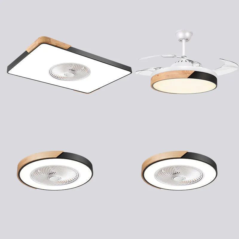 Nordic style ceiling fan and light fixture with solid wood mounting base on a white ceiling