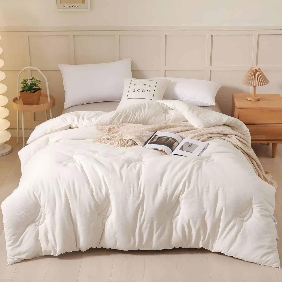Soybean fibre filled quilt with pure cotton twill cover shown in grey, pink jade, and white colour options.