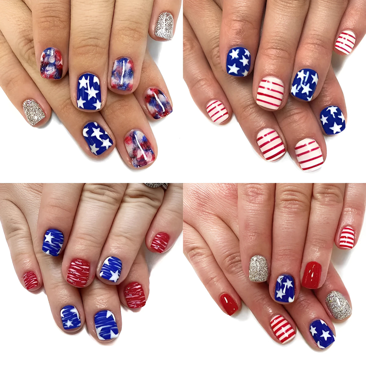 Box of red and blue glitter nail tips with Independence Day pattern and short square shape