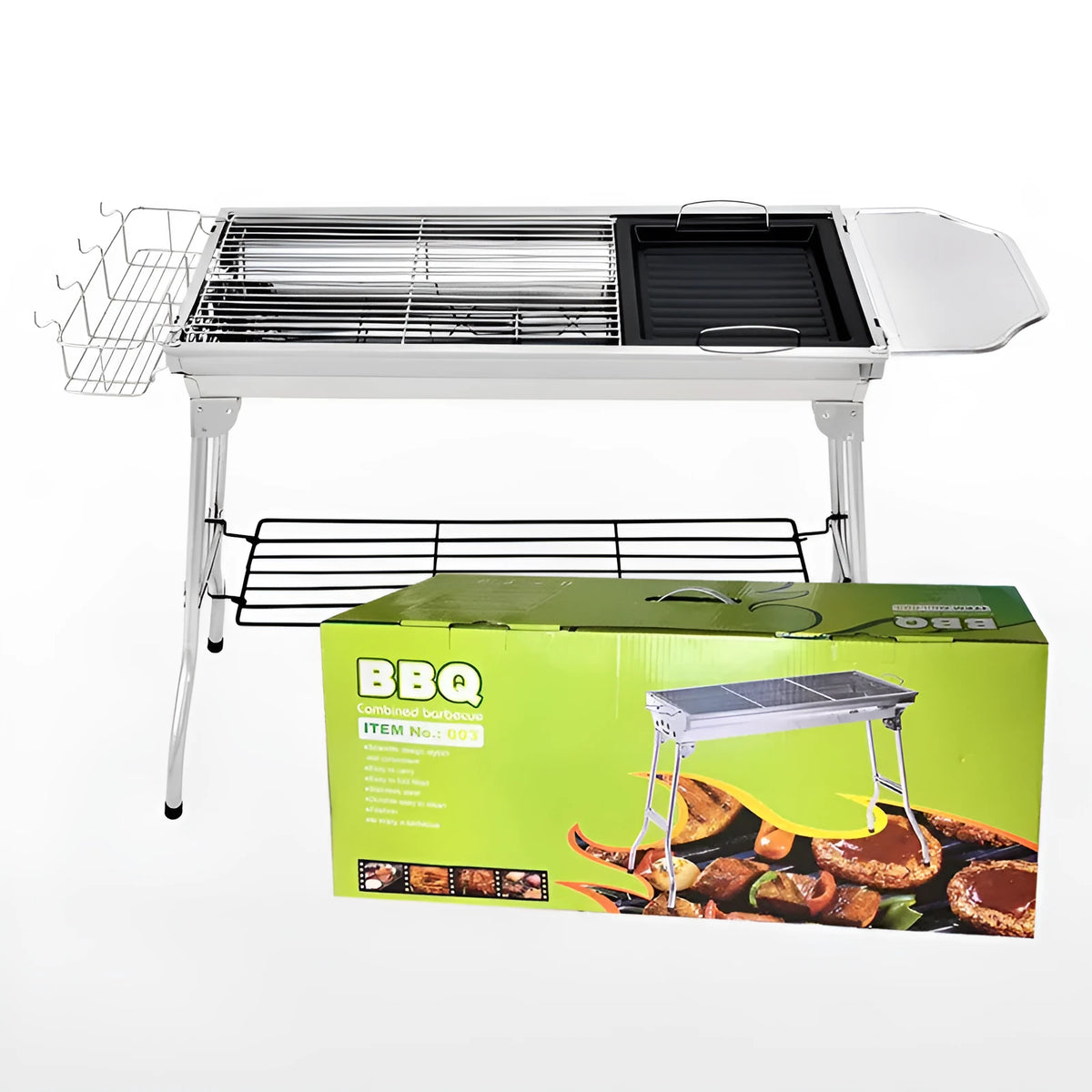 Stainless steel portable folding barbecue oven with charcoal grill, dimensions 73x33.5x70cm.