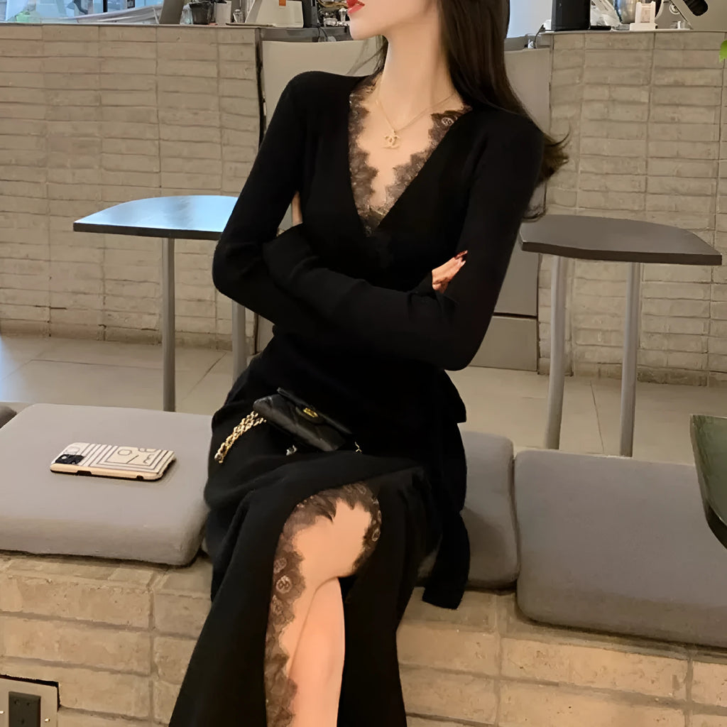 Black women's slim fit woolen skirt dress with princess silhouette on hanger