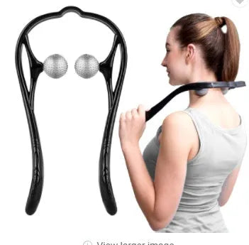 Blue plastic hand roller neck massager with adjustable stand on a white background.
