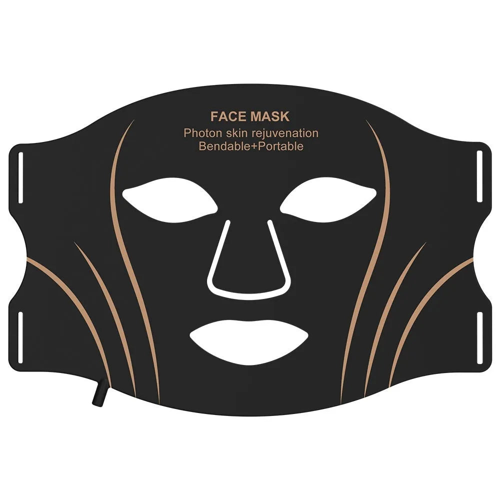 Black gold coloured IPL and LED photon beauty mask device with a headband and touch screen button.