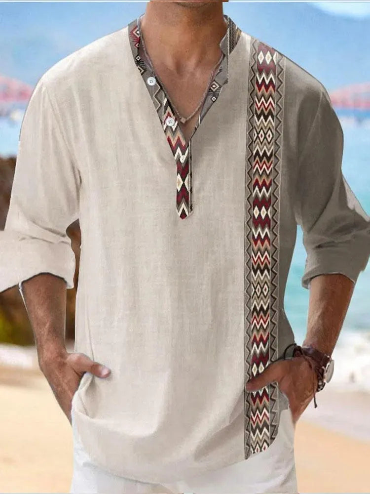 Thin striped Hawaiian shirt with digital bamboo linen pattern on polyester fabric
