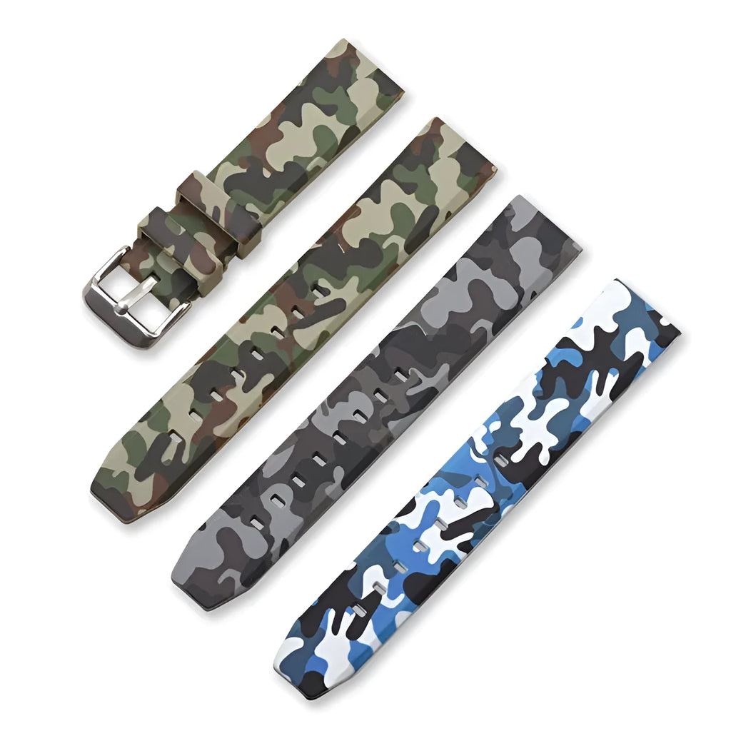Camouflage pattern silicone watch strap showing flat head lugs, available in blue, green and grey.