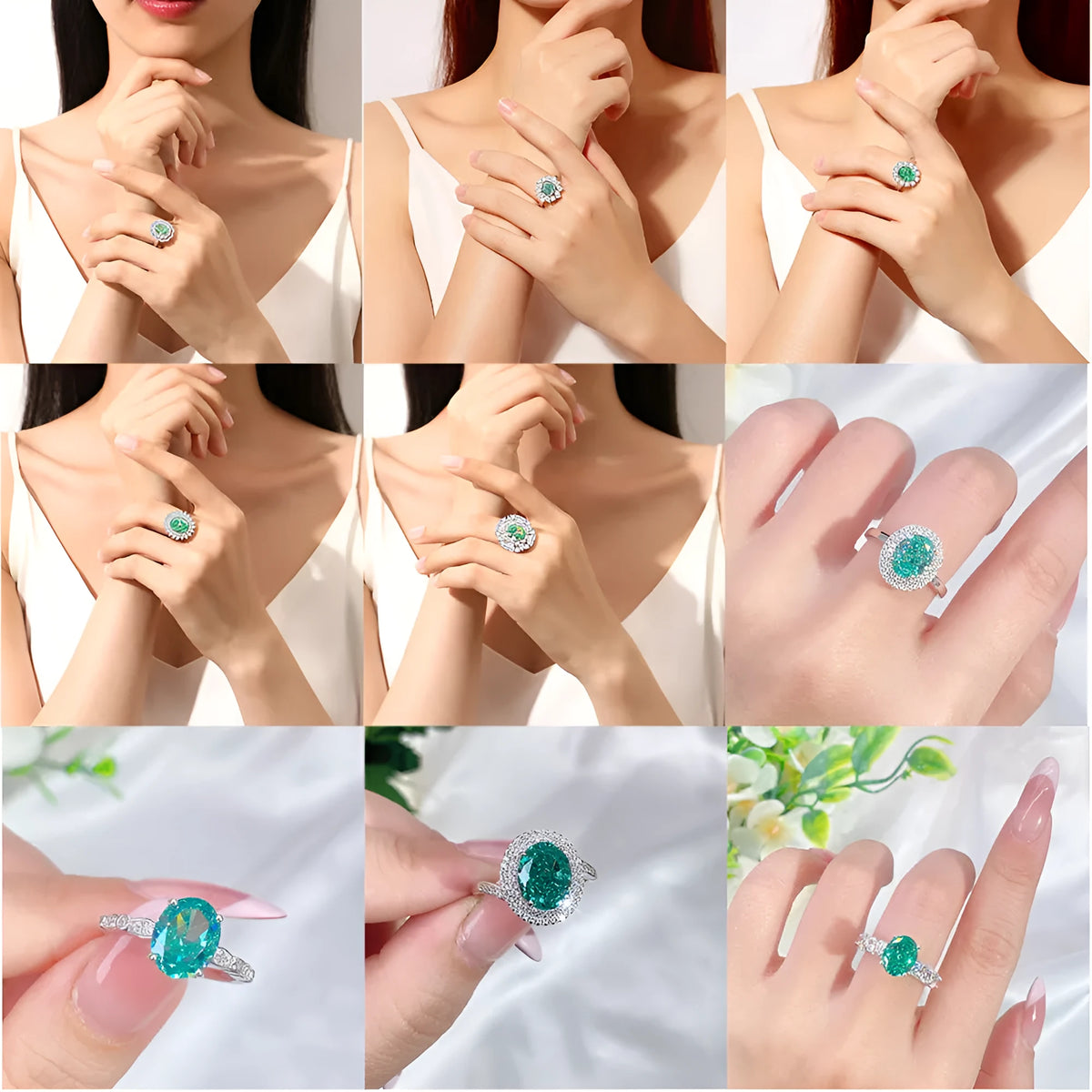 S925 silver geometric ring with emerald stone, Palaibahao inlay, and high carbon diamond accent on ellipse design