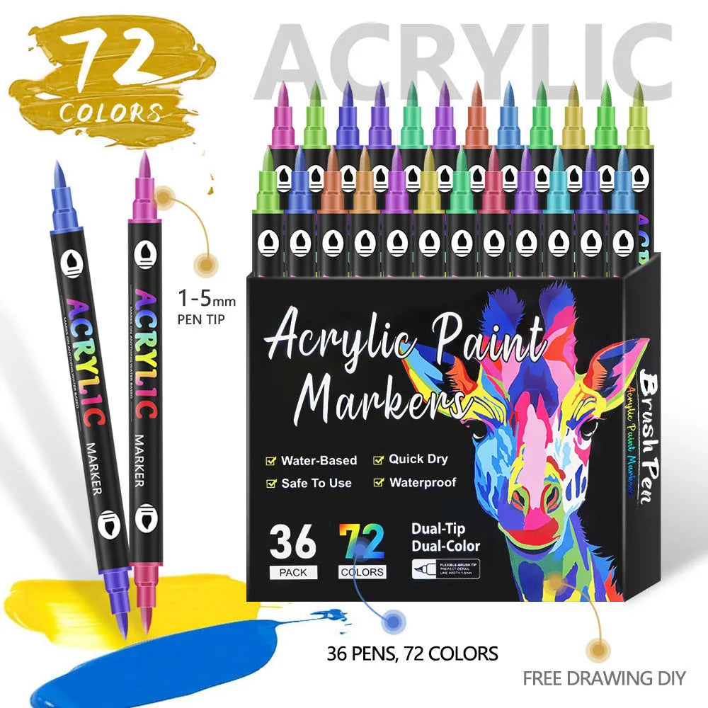 Set of washable double-headed acrylic marker pens with quick-drying opaque colours in plastic casing