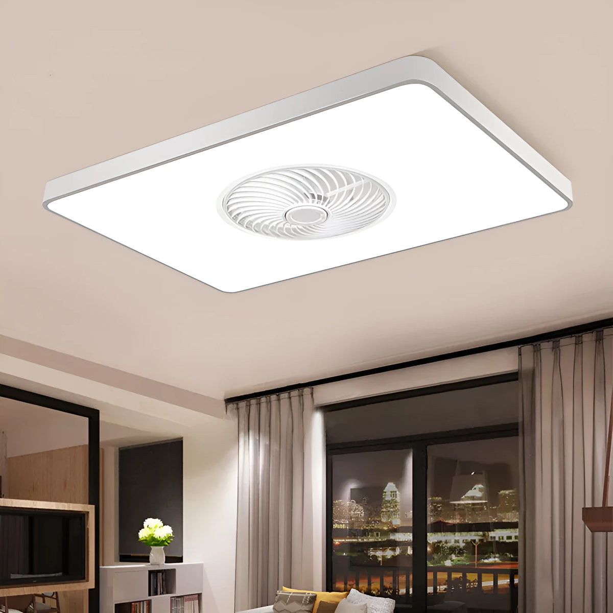 Nordic style ceiling fan and light fixture with solid wood mounting base on a white ceiling