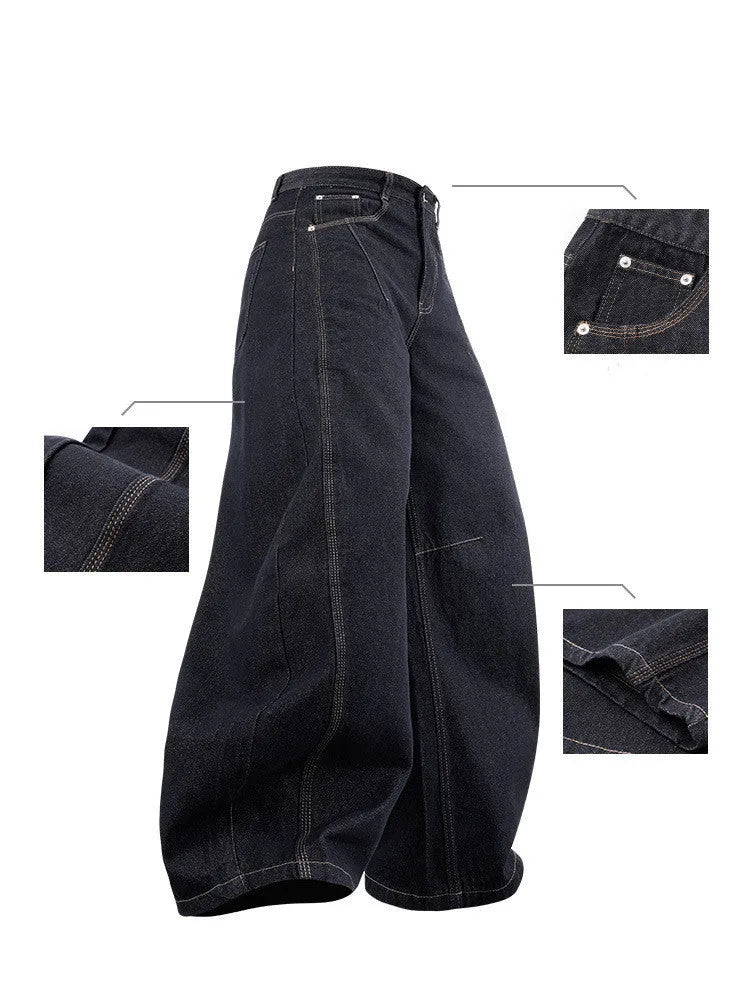Men's original cow colour wide leg denim trousers on a mid-waist model.